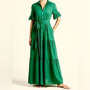 🍀 Trovata Birds of Paradis Martine Ruffle Sleeve Button Down Dress Green L